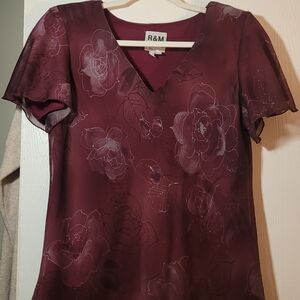 R&M Richards Deep Burgundy Floral Blouse